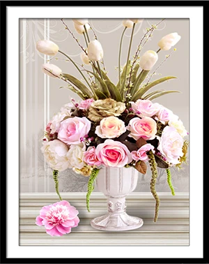 Coutures, fil de coton DMC, point de croix, kit de broderie, imprimé sur tissu, fleurs, Vase de roses, motif imprimé, point de croix