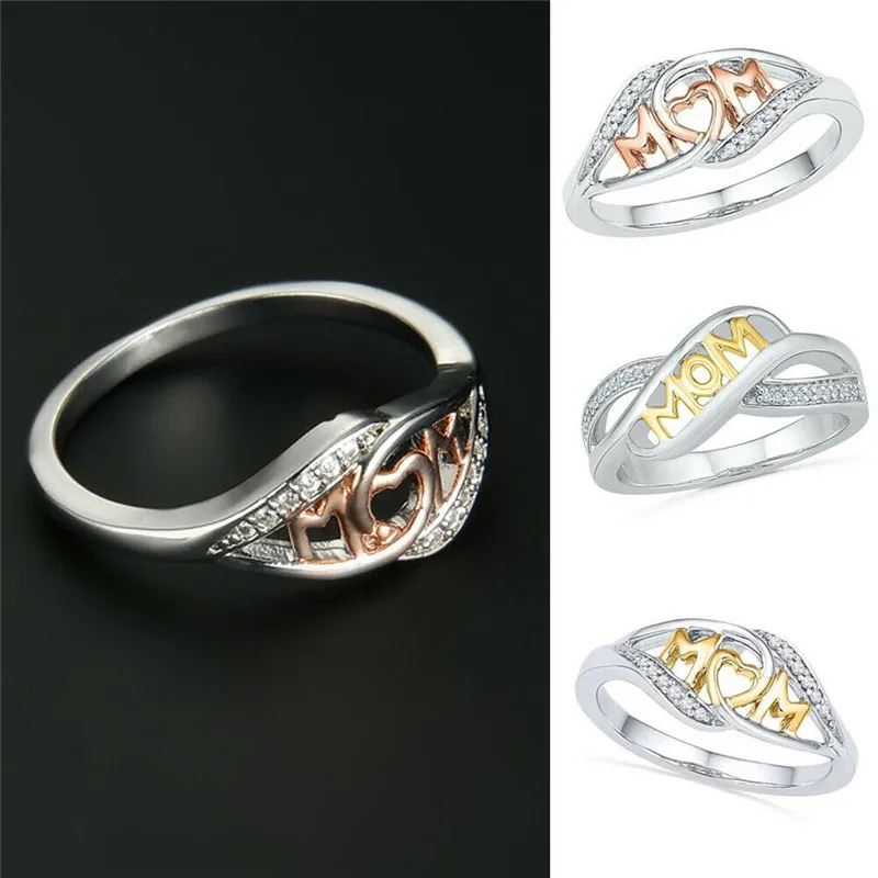 Кольцо для мамы с кристаллами и сердечком розовое золото стильные женские