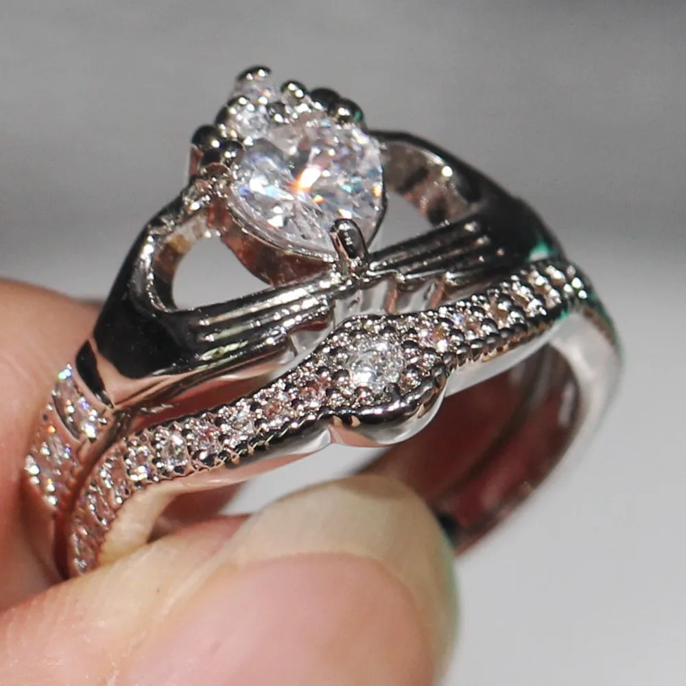 Vecalon любителей роскоши claddagh кольцо 1ct 5A Циркон 5A Циркон Cz белый Золотое покрытие Обручение обручальное кольцо набор для женщин мужские