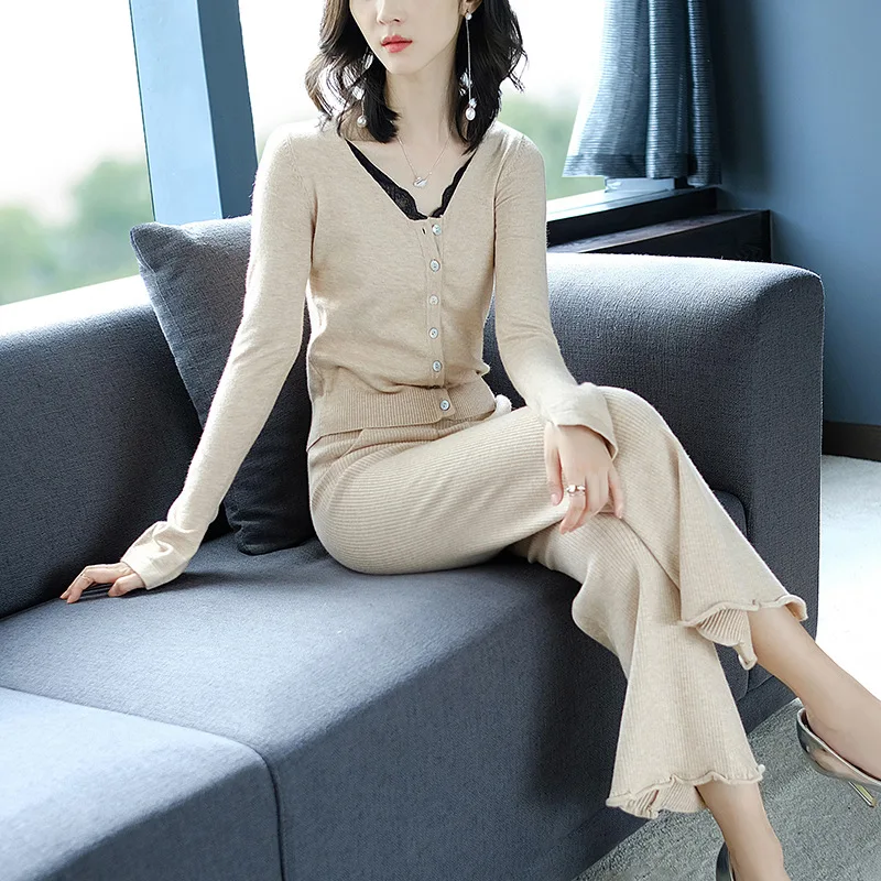 Осенне зимние женские брючные костюмы новый облегающий вязаный кардиган + брюки