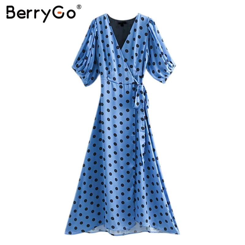 BerryGo женские платья винтажное платье в горошек с запахом длинное летнее v шейный