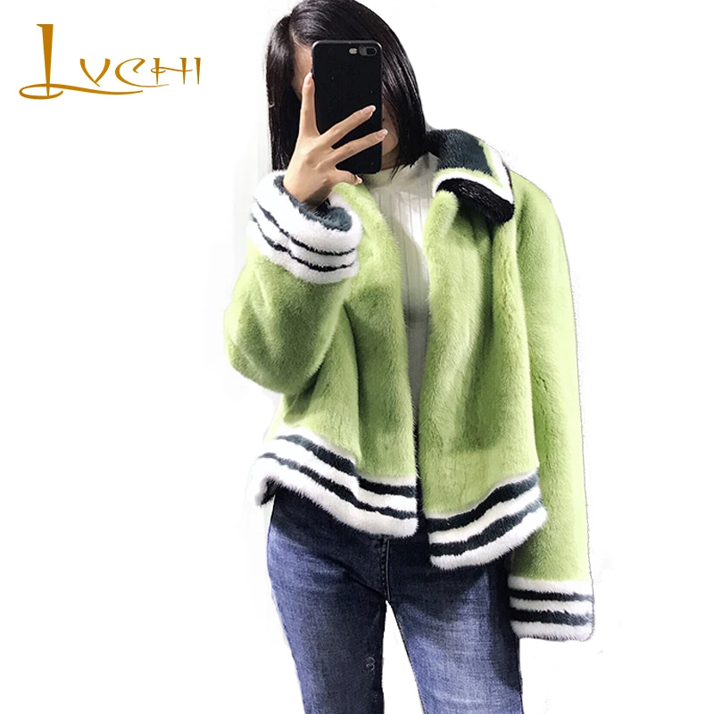 

LVCHI Winter 2019 Import Full Pelt Mink Fur Coat Women's Full Sleeve Fur Coat Causal Turn-Down Collar Striped Short Mink Coats