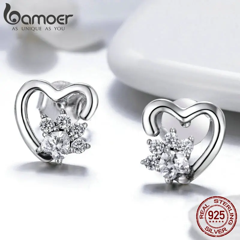 BAMOER, модные, 925 пробы, серебряные, классические, сердце, прозрачный, кубический циркон, серьги-гвоздики для женщин, Стерлинговое Серебро, ювелирное изделие, SCE415