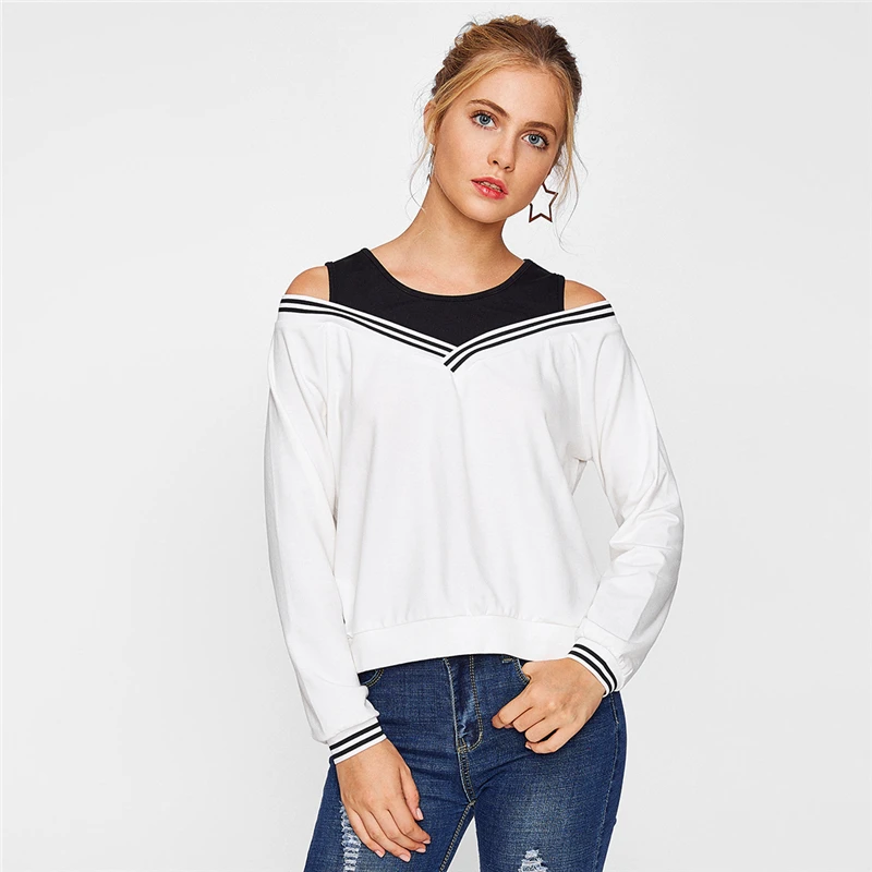 Dotfashion женский университетский полосатый контрастный Женский пуловер с открытым плечом, цветная толстовка с круглым вырезом и длинным рукавом