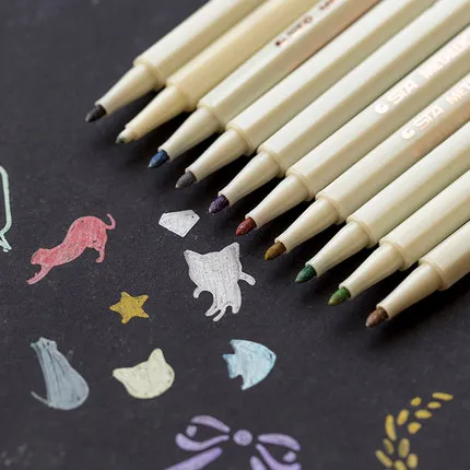 10 Colors Paint Marker Pens Scrapbooking Graffiti Colored Markers Set Metallic Brush Pen For DIY Black Card Album | Канцтовары для
