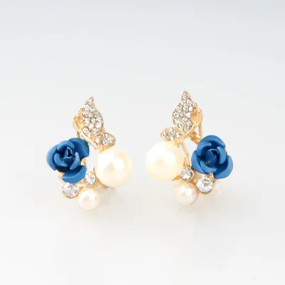 

HPXmas Elegant Jewelry Vintage Red Rose Flower Stub Earrings For Woman Imitation Pearl Gold Color Crystal Wedding Earrings Gift