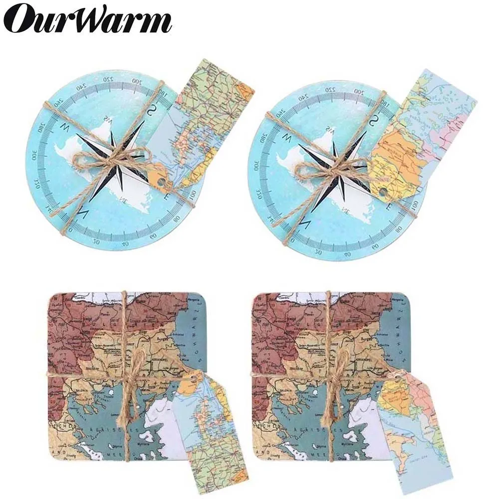 OurWarm 50/10 шт тема путешествия Свадебные сувениры карты мира компас пробковые подставки с биркой юбилей