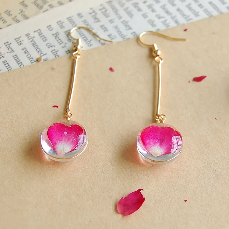 New Elegant Terrarium Glass Dried Flower Rose Petals Drop Earrings Women Boho Fashion Floating Locket Jewelry Accessories | Украшения и