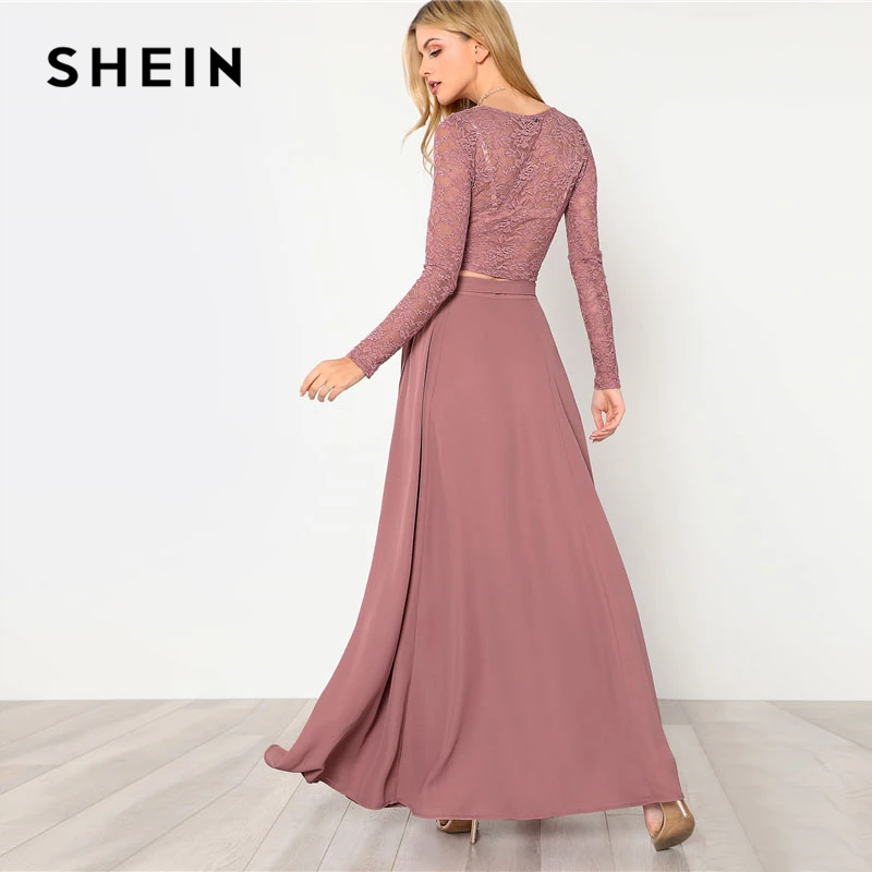 SHEIN Модный Кружевной Топ И Модная Юбка Комплект Женский Розовый Романтичный Топ С Длинными Рукавами И Длинной Юбкой С Поясом