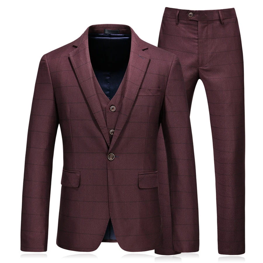 Men's Wedding Plaid Suit Spring Autumn Slim Fit Wedding Male 3 Piece Business Formal Groomsmen Suit (Jacket+Vest+Pants)