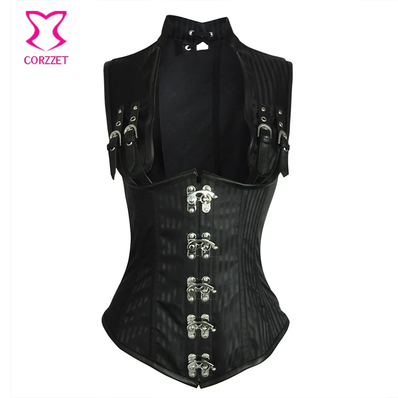 Black Striped Steel Boned Underbust Corset Vest Waist Trainer Plus Size Gothic Clothing Women Corsets And Bustiers Steampunk 6XL