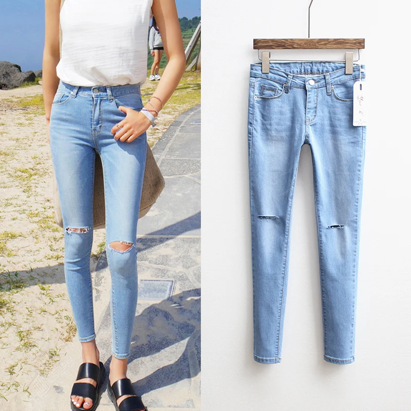 Occasion New Arrival Fashion Korean Style Waisted Slim Jeans Vintage hole Skinny Woman Cotton Denim Pencil Pants Plus Size |