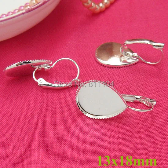 

13x18mm New Silver tone Plated Blank Bases Teardrop Bezel Cabochons Settings Clip hook Earrings Findings bulk Wholesale