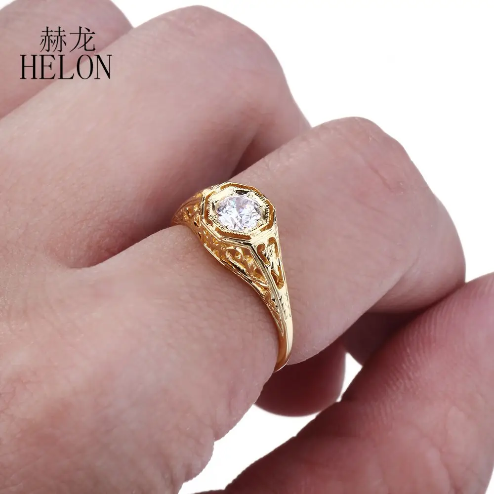 

HELON Moissanite Ring Real 14K Yellow Gold 0.4ct VVS/DEF Test Positive Moissanite Diamonds Engagement Ring Women Vintage Jewelry