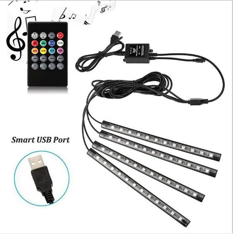 Автомобильный USB LED свет атмосферы Музыка Пульт дистанционного управления RGB
