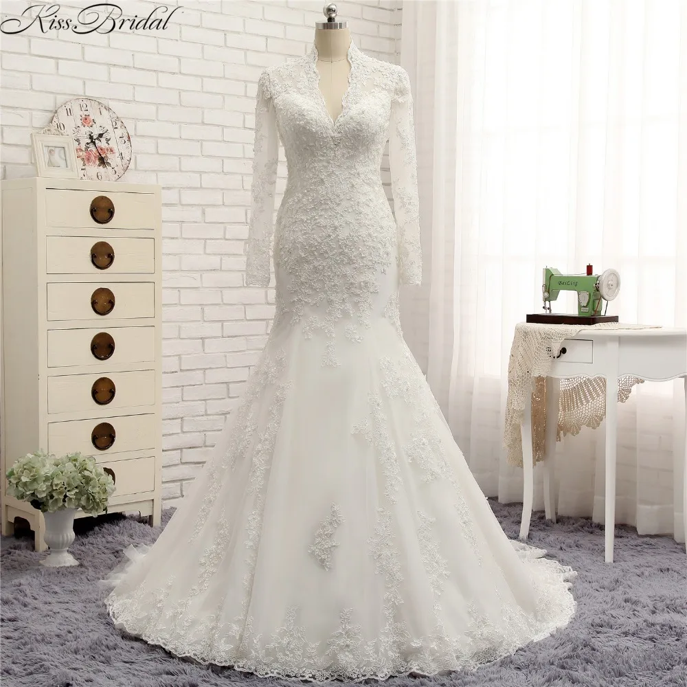 Женское свадебное платье с длинным рукавом винтажное кружевное невесты со