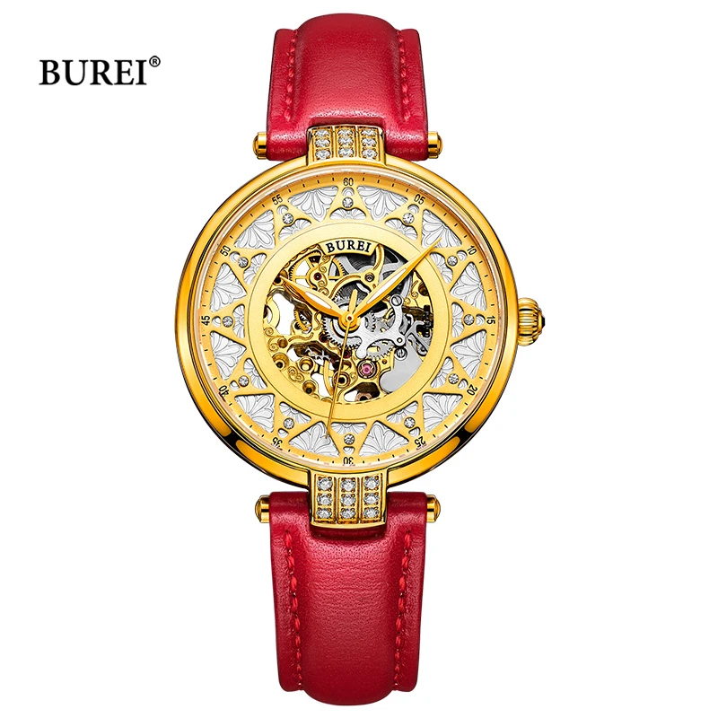 BUREI Brand Women Fashion Gold Automatic Watches Ladies Luxury Waterproof Sapphire Hollow Mechanial Wristwatch Relogio Feminino