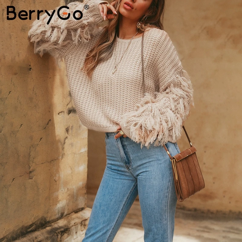 BerryGo Vintage tassel o neck sweater women Streetwear long sleeve winter jumpers 2018 Army green pullover femme jumper | Женская одежда