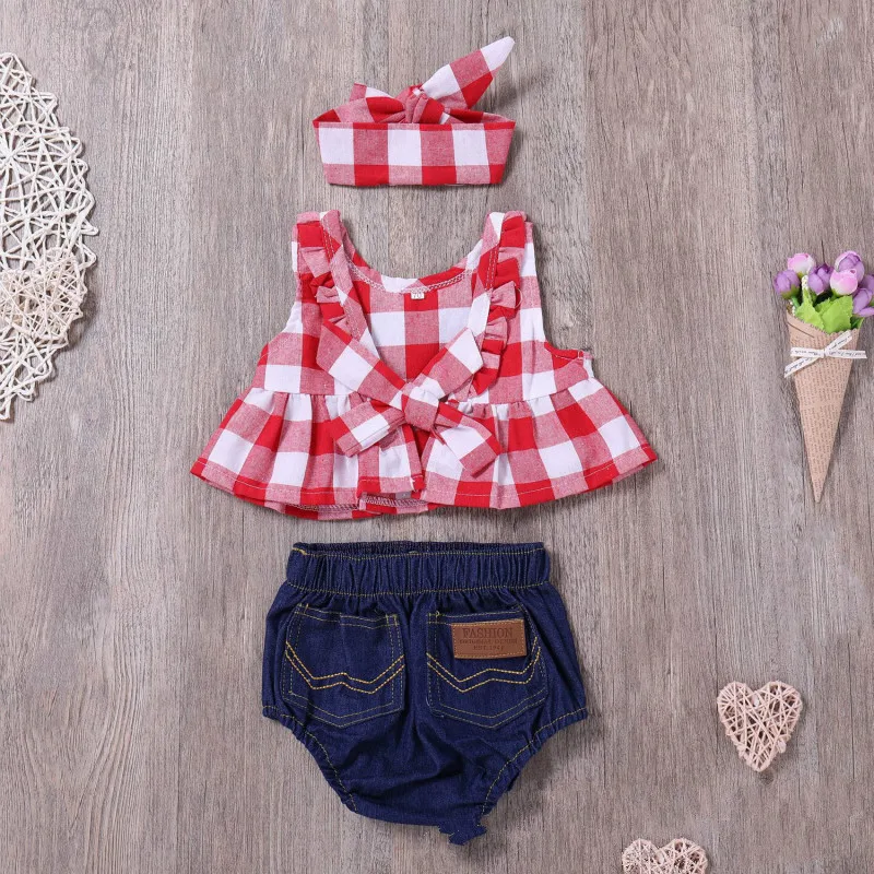 Летний стиль комплекты одежды для маленьких девочек топы без рукавов клетчатые