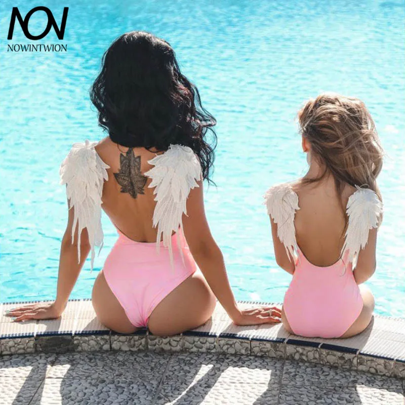 Купальник с кружевными плечами для мамы и ребенка Цельный купальник принтом