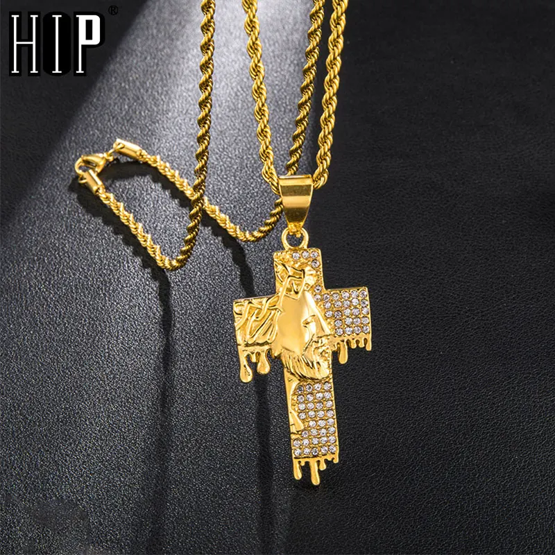 Хип хоп Iced out Bling Золотой цвет ожерелье крест из нержавеющей стали горный хрусталь