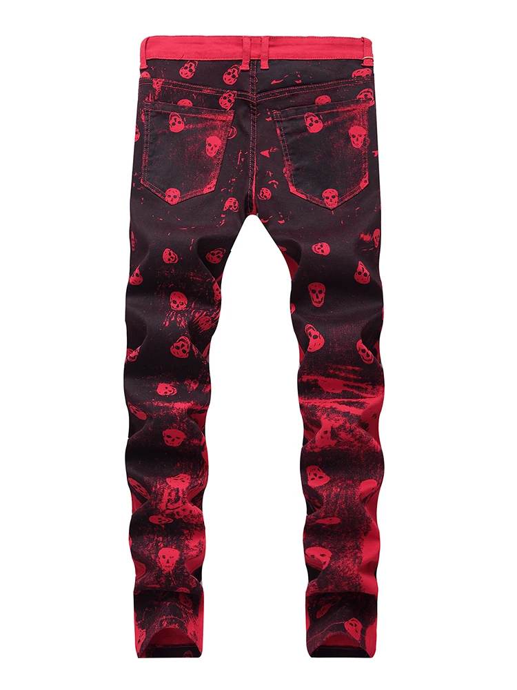 Sokotoo Men's skull printed red denim jeans Plus size fashion slim fit pattern painted stretch pants | Мужская одежда