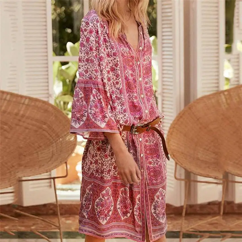 Женское платье с v образным вырезом и пуговицами в стиле бохо свободное цветочным