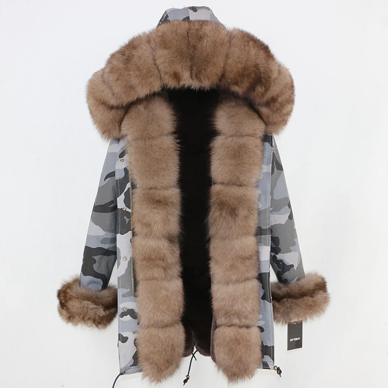 OFTBUY, пальто с натуральным мехом, зимняя куртка, женские длинные парки, натуральный Лисий мех, Отделка капюшона, толстая теплая верхняя одежда, уличная одежда, съемная - Цвет: grey camo brown