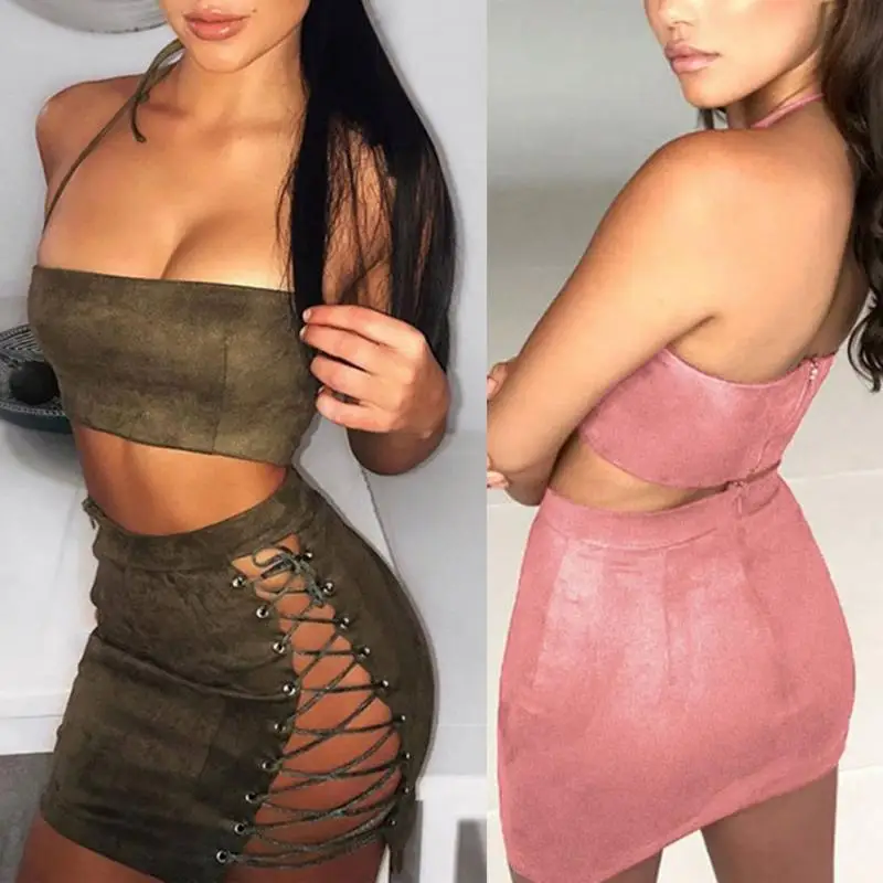 Женский топ без рукавов с бретельками и открытой спиной бандажная замшевая юбка