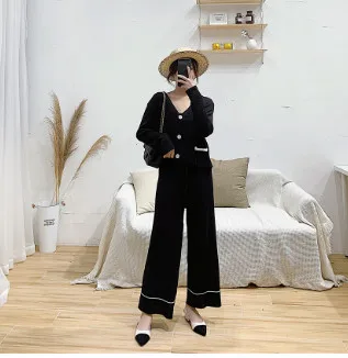Черный ALPHALMODA куртка с v-образным вырезом+ широкие брюки весенняя мода 2 шт. вязаный костюм женский удобный свитер кардиган брюки комплект - Цвет: Черный