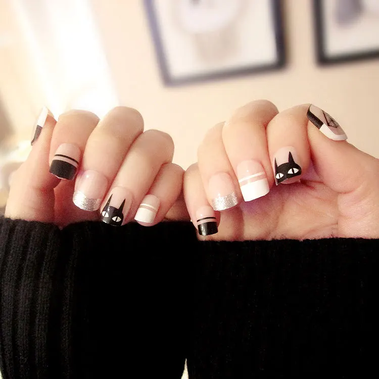 24PCS Nail product fake nails a piece of brief paragraph Fashion cat false nail(Contains no glue) | Красота и здоровье