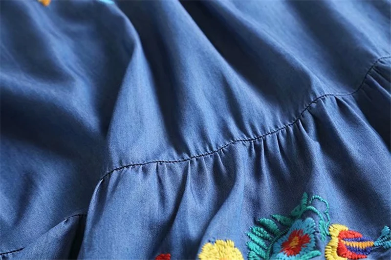 Vintage chic women floral embroidery beach Bohemian midi dress Ladies short sleeve v-neck denim Boho vestidos