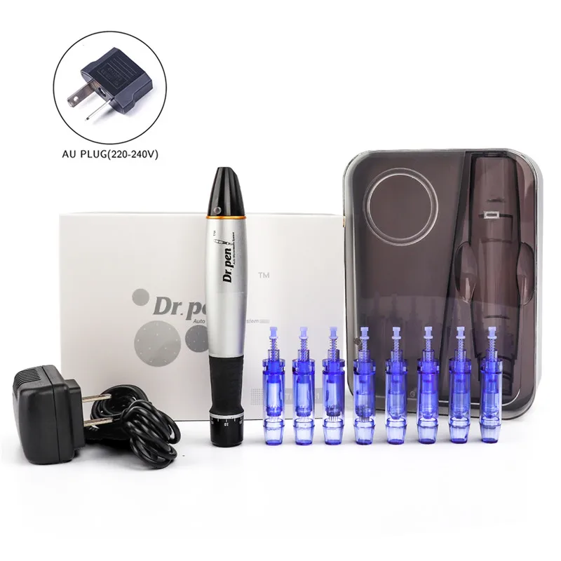 AU Plug Electric Micro Needling Pen Skin Tightening Remove Scar Reduce Wrinkles Scar Marks Removal Device Skin Dr Pen with 8pc Cartridge - Цвет: AU Plug