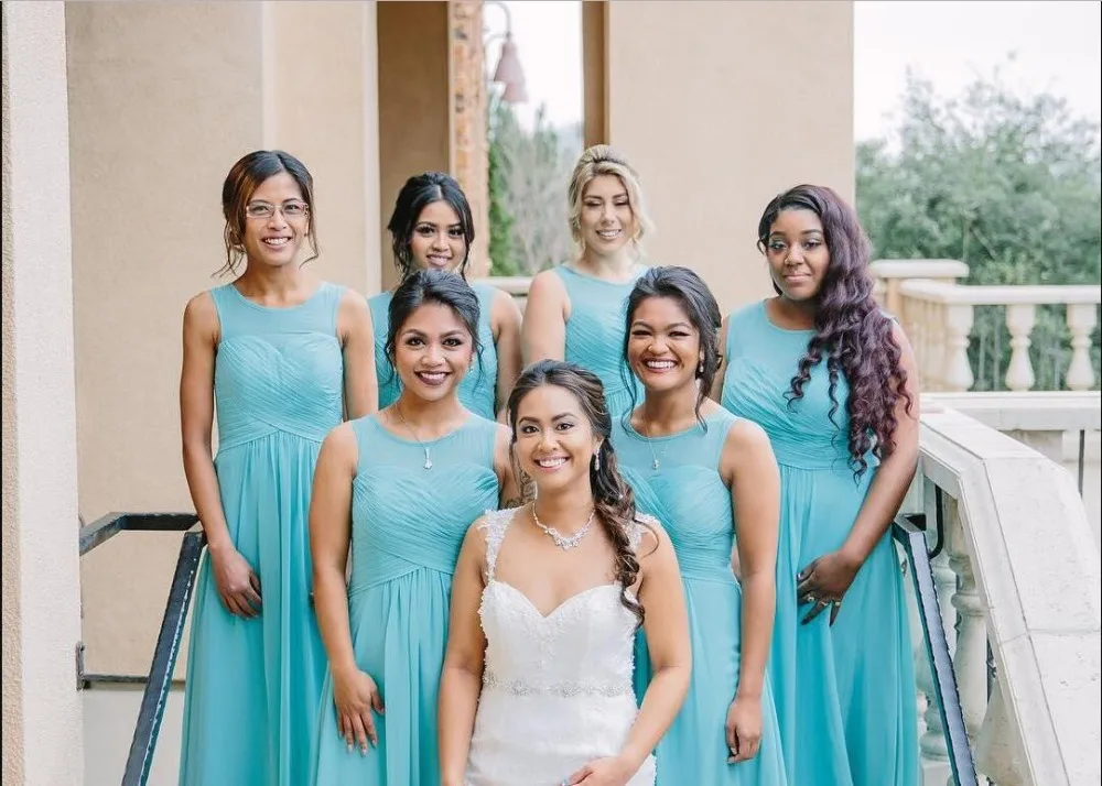 Небесно-Голубой трапециевидной формы шифон Дешевые Длинные свадебные платья