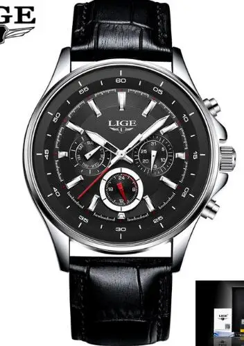 leather black LIGE спортивные мужские часы, мужские кварцевые наручные часы, водонепроницаемые, ударопрочный стальной ремешок, черные армейские мужские часы, мужские часы Hodinky+ коробка - Цвет: leather black