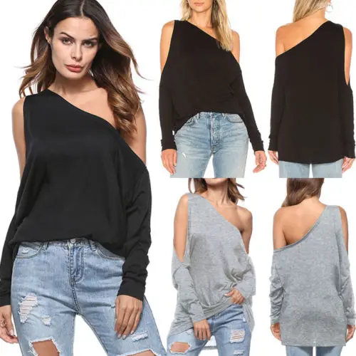 2018 Women Loose Long Sleeve Off Shoulder Solid Tops Casual Cotton T-Shirts Plus Size |