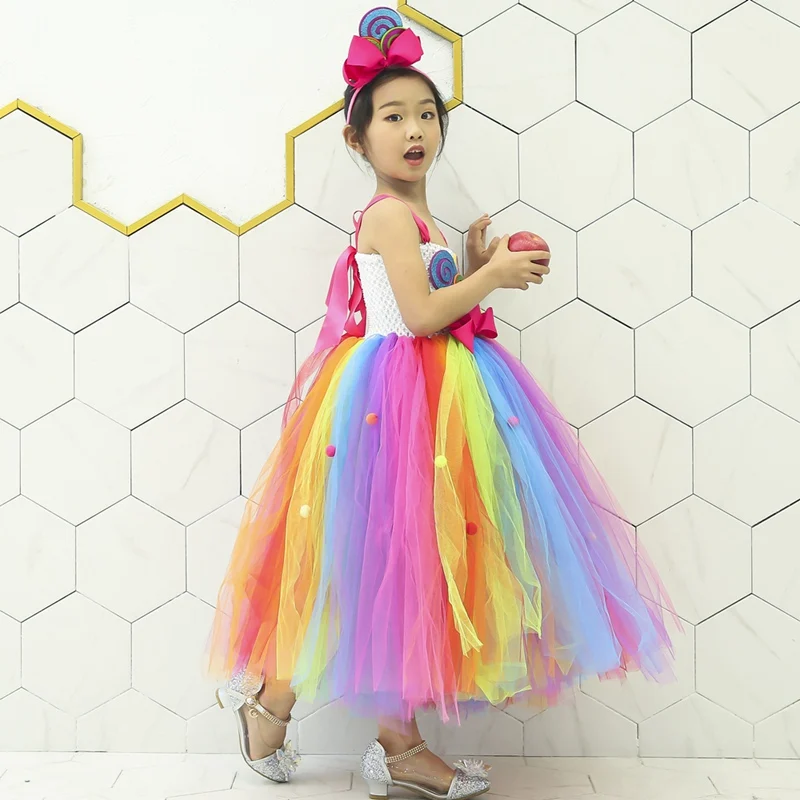 

Sweet Rainbow Lollipop Girls Tutu Dress Flower For Girl Birthday Party Pastel Dress Children Kids Tulle Tutu Stage Dresses WT613