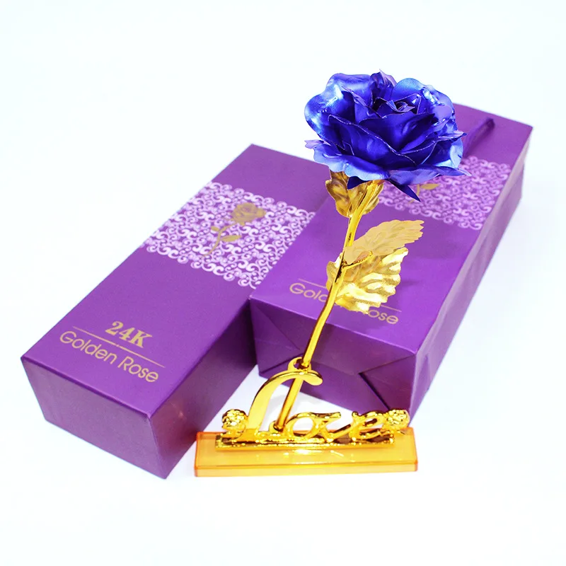 blue rose(box base) Букет невесты Мода Высокое качество PU Искусственные цветы 24 К золотой цвета розового золота с коробкой год День Святого Валентина x27s подарок ко Дню/Настоящее Фольга цветы домашнего декора поддельные розы - Цвет: blue rose(box base)