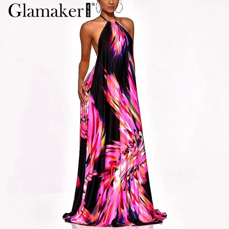 Glamaker пикантные boho нарядное платье макси для женщин цветочный принт Холтер спинки Дамы bodycon платье элегантные пляжные Вечерние Длинное