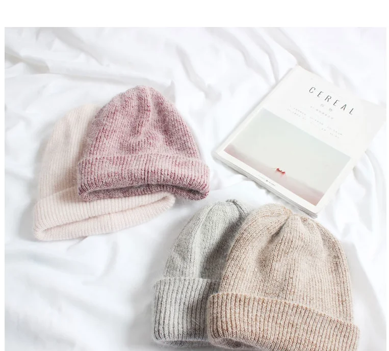Хорошее качество, модная шапка из меха Ангорского Кролика, Skullies& Beanies, Женская Повседневная теплая шапка, зимняя Женская Вязаная Шапка-бини AD039