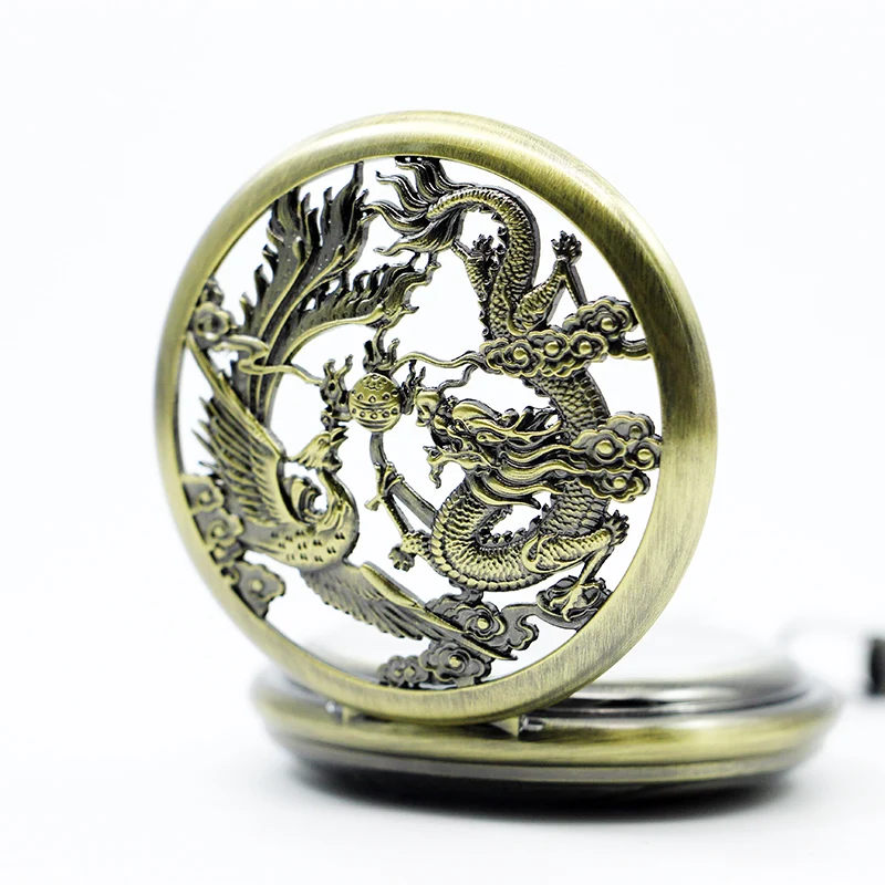Chinese Flying Dragon&Phoenix Mechanical Pocket Watch Skeleton Steampunk Watches Chains Fob Clip Clock Gift PJX1272 | Наручные часы