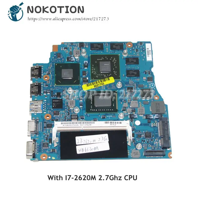 

NOKOTION For Sony VPCSB1AGX VPCSB Laptop Motherboard 13.3 Inch MBX-237 A1820750A A1820747A MAIN BOARD I7-2620M 4GB HD6630M 1GB