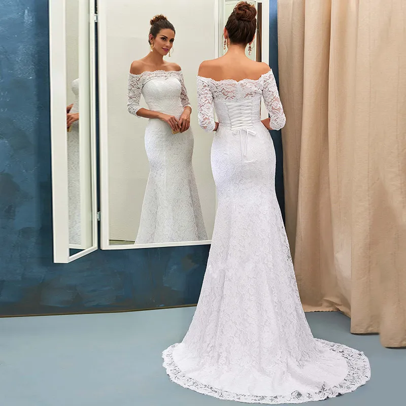 

Vintage Mermaid Wedding Gowns 2021 Robe De Mariee Half Sleeve Lace Wedding Dress Handmade Sweep Train Bridal Dresses