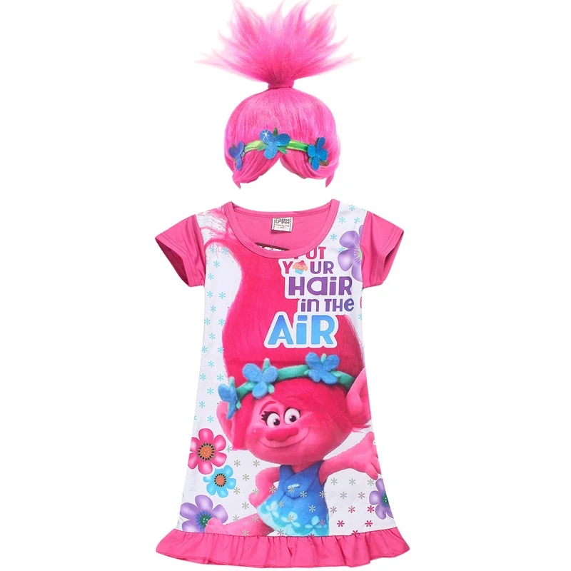 2019 Summer Girl Dress Trolls Clothes Poppy Party new trolls Wig +dresses set Children Costumes For Girls Carnival Kids | Детская одежда