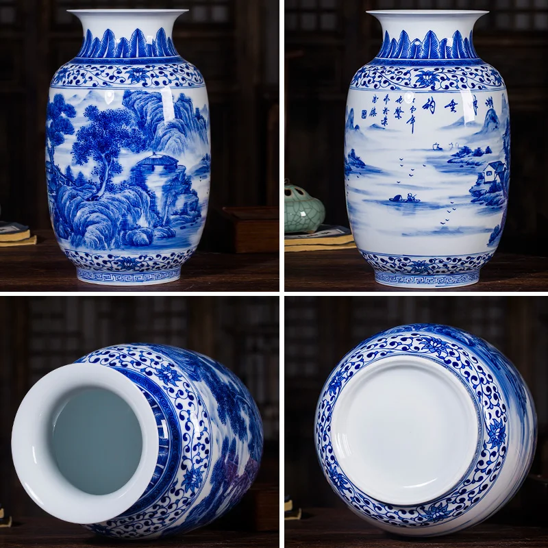 Jingdezhen Masters ручная роспись пейзажей сине-белая фарфоровая тонкая ваза для цветов