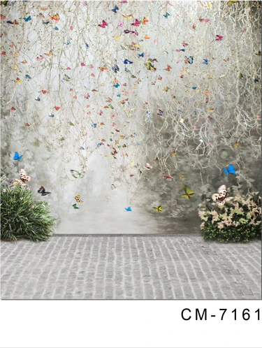 

TR Retro Wall with White Vines and Butterflies Baby Children Photography Backgrounds Brick Floor Flowers Wedding Photo Backdrops