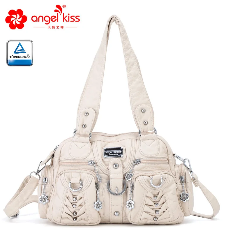 Angelkiss Модные Женские Сумки из искусственной кожи с эффектом потертости, Женская нежная Большая вместительная сумка на плечо, кошелек, сумки-шопперы для женщин - Цвет: Бежевый