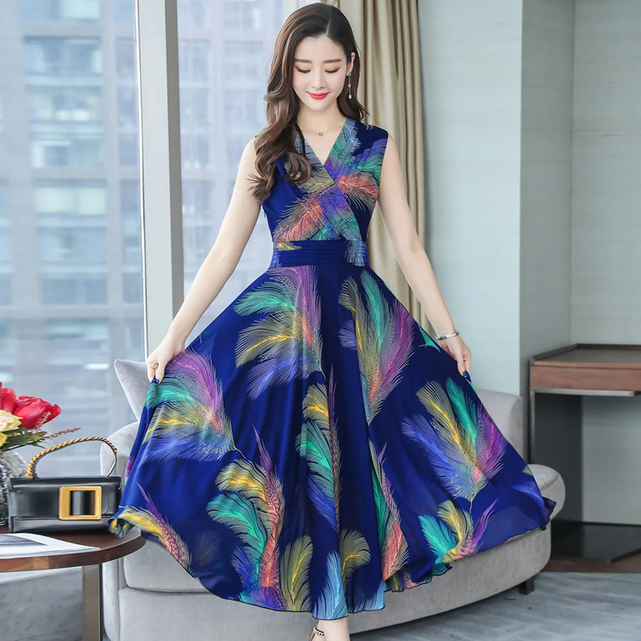 

2021 Print Chiffon Beach Vacation Maxi Dresses Summer Vintage 4XL Plus Size Boho Sundress Elegant Women Bodycon Party Vestidos
