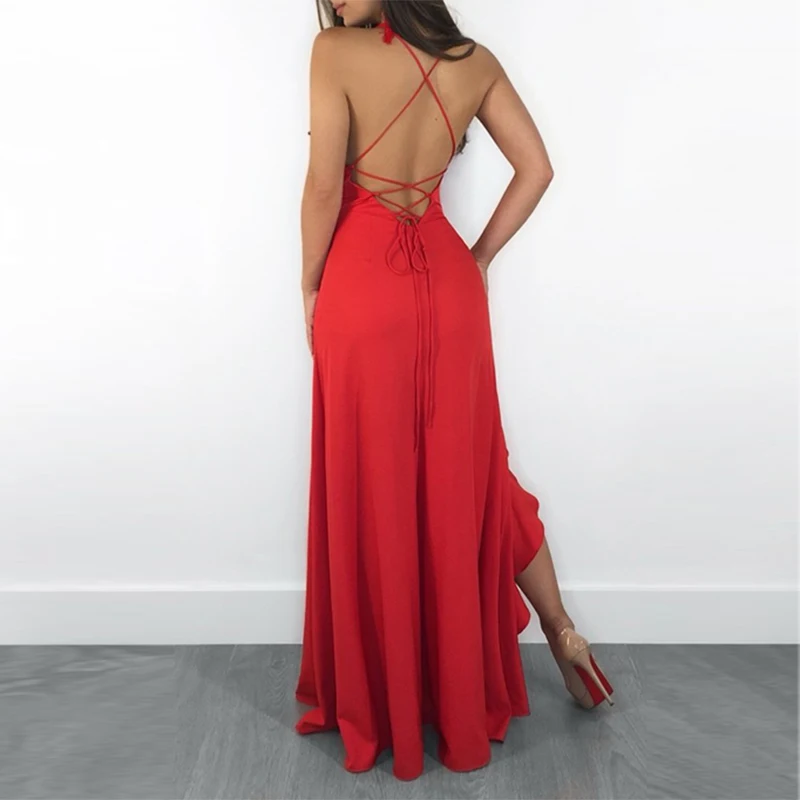 DRESSMECB, сексуальное летнее платье с оборками, женское платье с высокой талией и глубоким v-образным вырезом, платья с открытой спиной на бретелях, однотонное платье, Vestidos Verano