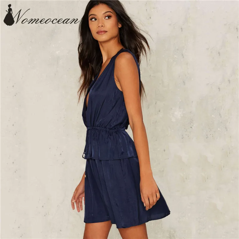 Погружаясь платье Sexy v-образным вырезом Low-Cut Drawstring талии бренда Платья для женщин